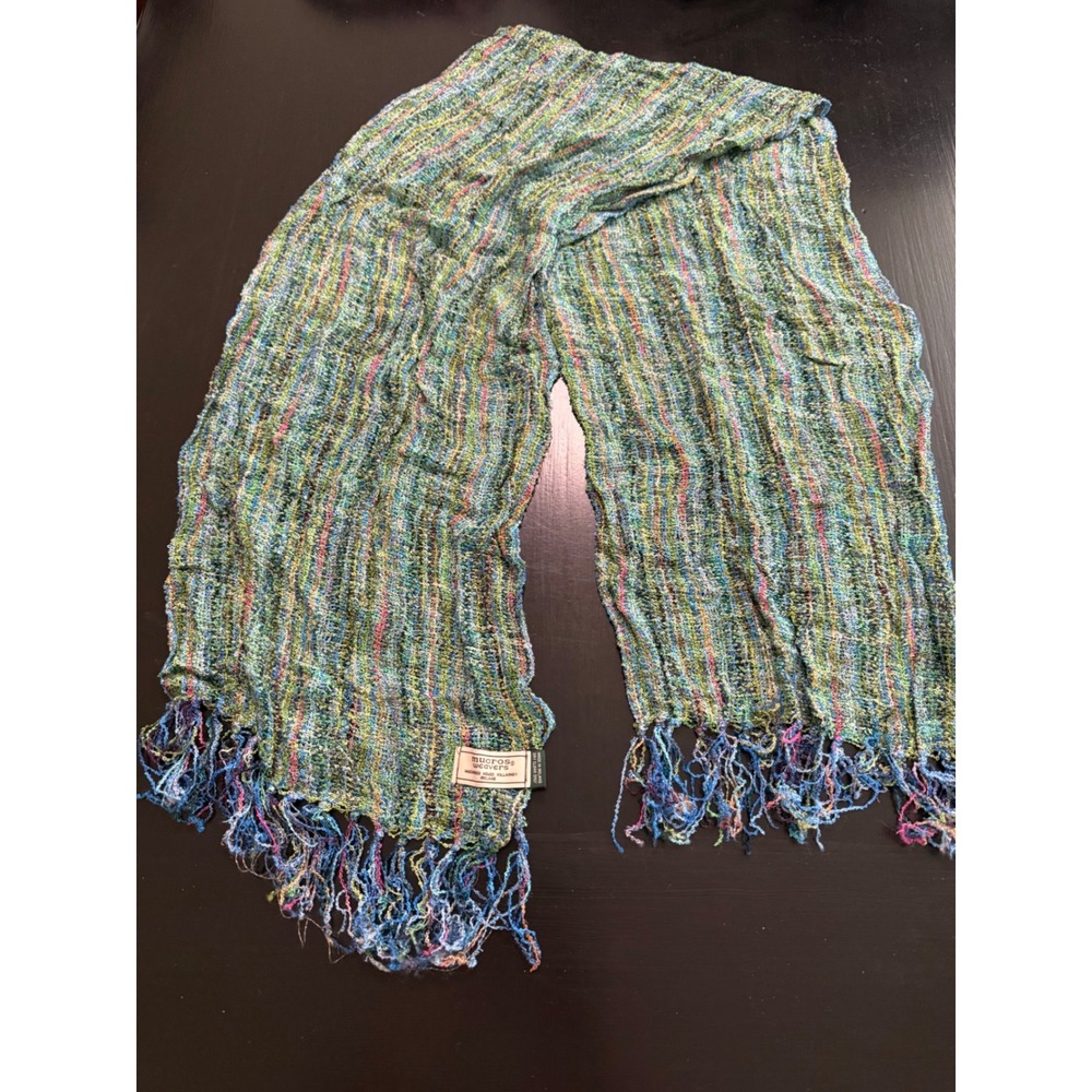 Mucros Weavers Ireland Scarf Green Multicolor Boucle Knit Viscose Fringe Shawl